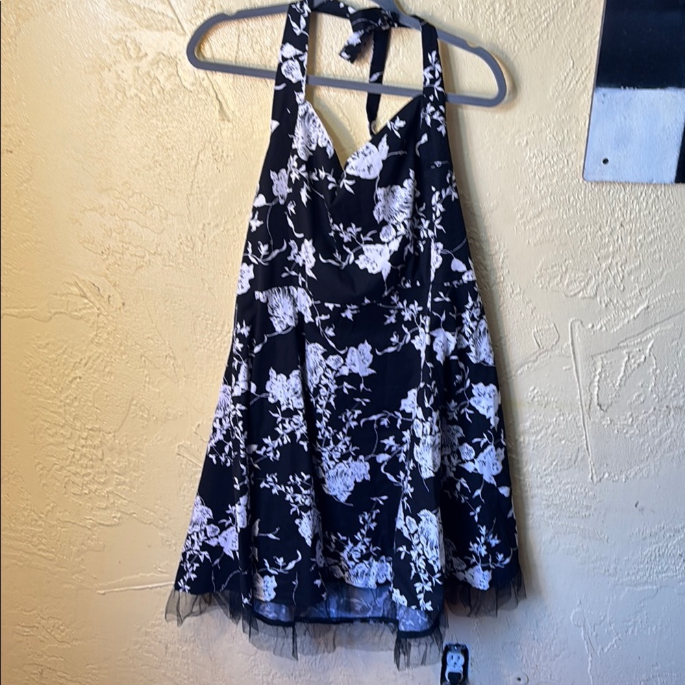 Black and White Floral Halter Dress